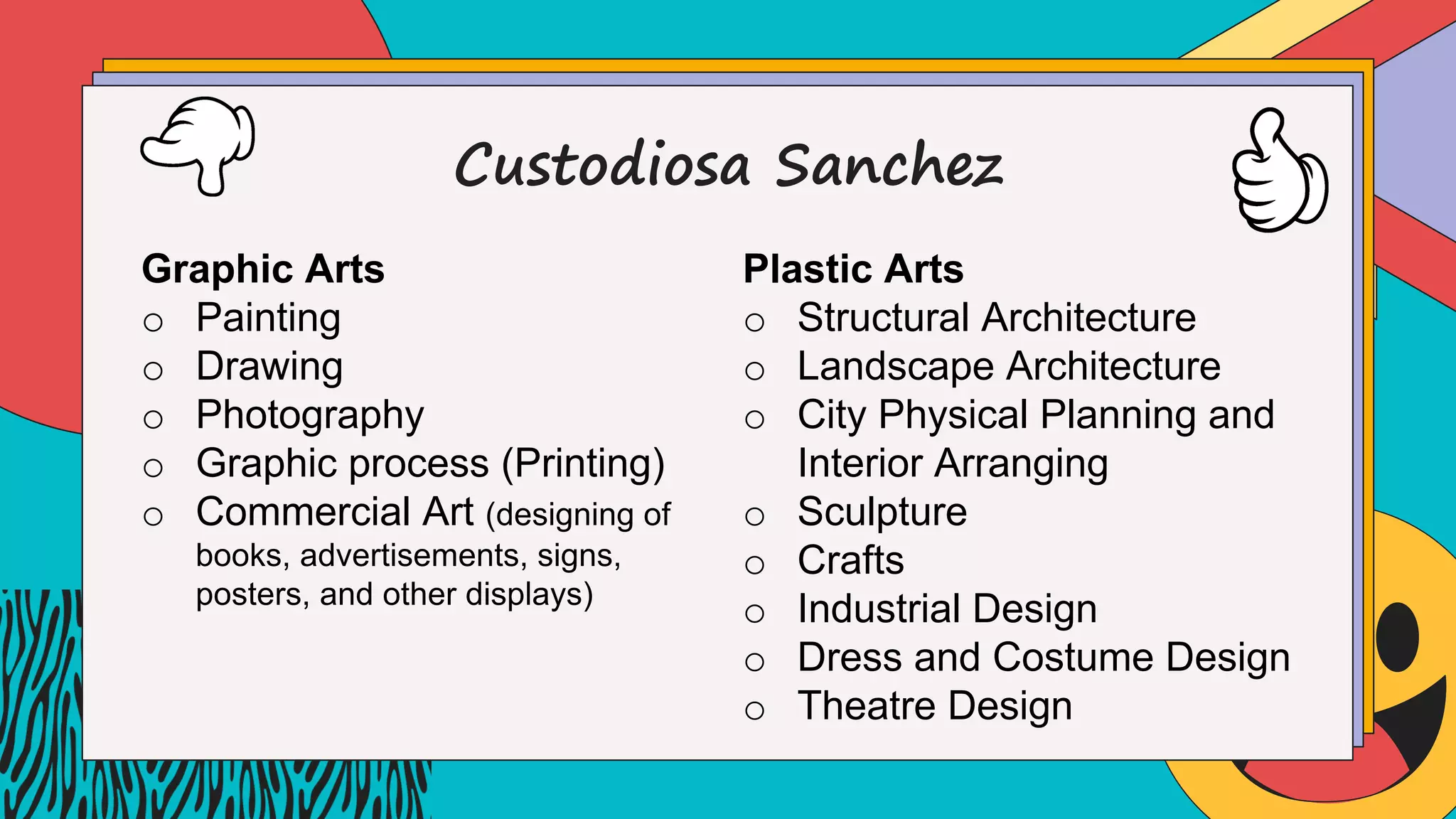 Custodiosa Sanchez
Graphic Arts
o Painting
o Drawing
o Photography
o Graphic process (Printing)
o Commercial Art (designing of
books, advertisements, signs,
posters, and other displays)
Plastic Arts
o Structural Architecture
o Landscape Architecture
o City Physical Planning and
Interior Arranging
o Sculpture
o Crafts
o Industrial Design
o Dress and Costume Design
o Theatre Design
 
