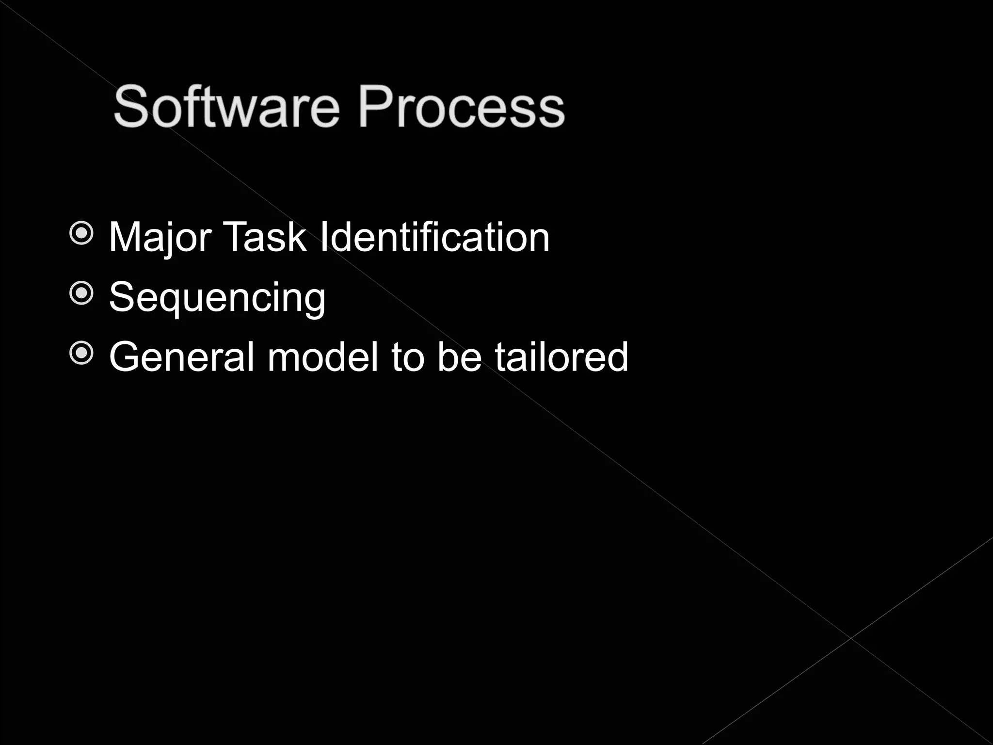  Major Task Identification
 Sequencing
 General model to be tailored
 