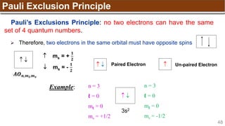 48
Pauli Exclusion Principle
Pauli’s Exclusions Principle: no two electrons can have the same
set of 4 quantum numbers.
  Paired Electron  Un-paired Electron
 
 Therefore, two electrons in the same orbital must have opposite spins
3s2
 
Example: n = 3
ℓ = 0
mℓ = 0
ms = +1/2
n = 3
ℓ = 0
mℓ = 0
ms = -1/2
 
