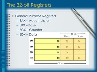 The 32-bit Registers

   General Purpose Registers
    – EAX – Accumulator
    – EBX – Base
    – ECX – Counter
    – EDX – Data
 