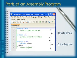 Parts of an Assembly Program




                          Data Segment




                          Code Segment
 