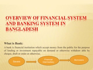 OVERVIEW OF FINANCIAL SYSTEM
AND BANKING SYSTEM IN
BANGLADESH
What is Bank:
A bank is financial institution which accept money from the public for the purpose
of lending or investment repayable on demand or otherwise withdraw able by
cheque, draft or order or otherwise.
Savers
Financial
Intermediary
Borrowers
 