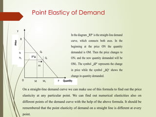Point Elasticy of Demand
1
N
Y
R
N Qo
N1
∆P
Q1
∆Q
O M M1
In the diagram ‗RP‘is thestraight-line demand
curve, which connects both axes. In the
beginning at the price ON the quantity
demanded is OM. Then the price changes to
ON1 and the new quantity demanded will be
OM1. The symbol ‗∆P‘ represents the change
in price while the symbol ‗∆Q‘ shows the
change in quantity demanded.
P Quantity
Price
On a straight-line demand curve we can make use of this formula to find out the price
elasticity at any particular point. We can find out numerical elasticities also on
different points of the demand curve with the help of the above formula. It should be
remembered that the point elasticity of demand on a straight line is different at every
point.
 