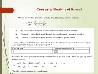 Cross price Elasticity of Demand
x
y
x
y x
y
Measures how much the demand for a product is affected by a change in price of another good.
xy

%Qx
=
%Py
Q  Q P
1 o
. 0
P  P Q
1 0 0
 