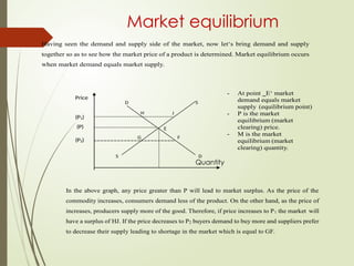 Market equilibrium
Having seen the demand and supply side of the market, now let‘s bring demand and supply
together so as to see how the market price of a product is determined. Market equilibrium occurs
when market demand equals market supply.
Price
(P1)
(P)
(P2)
- At point ‗E‘ market
demand equals market
supply (equilibrium point)
- P is the market
equilibrium (market
clearing) price.
- M is the market
equilibrium (market
clearing) quantity.
Quantity
In the above graph, any price greater than P will lead to market surplus. As the price of the
commodity increases, consumers demand less of the product. On the other hand, as the price of
increases, producers supply more of the good. Therefore, if price increases to P1 the market will
have a surplus of HJ. If the price decreases to P2 buyers demand to buy more and suppliers prefer
to decrease their supply leading to shortage in the market which is equal to GF.
 