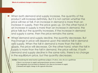 Effects of combined changes in demand and supply
 When both demand and supply increase, the quantity of the
product will increase definitely. But it is not certain whether the
price will rise or fall. If an increase in demand is more than an
increase in supply, then the price goes up. On the other hand, if
an increase in supply is more than an increase in demand, the
price falls but the quantity increases. If the increase in demand
and supply is same, then the price remains the same.
 When demand and supply decline, the quantity decreases. But
the change in price will depend upon the relative fall in demand
and supply. When the fall in demand is more than the fall in
supply, the price will decrease. On the other hand, when the fall in
supply is more than the fall in demand, the price will rise. If both
demand and supply decline in the same ratio, there is no change
in the equilibrium price, but the quantity decreases.
Activity: Considering the initial market equilibrium of figure 2.9 above, show the new equilibrium
if there is an increase in supply and proportionate increase in demand
if the magnitude of an increment in demand is less than an increment in supply
if demand and supply change in the opposite directions
 