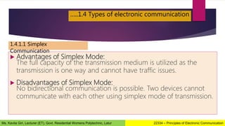  Advantages of Simplex Mode:
The full capacity of the transmission medium is utilized as the
transmission is one way and cannot have traffic issues.
 Disadvantages of Simplex Mode:
No bidirectional communication is possible. Two devices cannot
communicate with each other using simplex mode of transmission.
…..1.4 Types of electronic communication
1.4.1.1 Simplex
Communication
22334 – Principles of Electronic Communication
Ms. Kavita Giri, Lecturer (ET), Govt. Residential Womens Polytechnic, Latur
 
