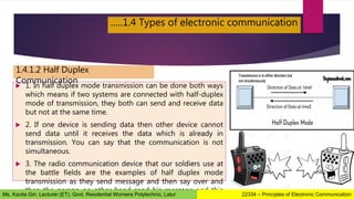  1. In half duplex mode transmission can be done both ways
which means if two systems are connected with half-duplex
mode of transmission, they both can send and receive data
but not at the same time.
 2. If one device is sending data then other device cannot
send data until it receives the data which is already in
transmission. You can say that the communication is not
simultaneous.
 3. The radio communication device that our soldiers use at
the battle fields are the examples of half duplex mode
transmission as they send message and then say over and
then the person on other hand send his message and this
…..1.4 Types of electronic communication
1.4.1.2 Half Duplex
Communication
22334 – Principles of Electronic Communication
Ms. Kavita Giri, Lecturer (ET), Govt. Residential Womens Polytechnic, Latur
 