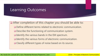 Learning Outcomes
 After completion of this chapter you should be able to:
 Define different terms related to electronic communication.
 Describe the functioning of communication system.
 Identify the various bands in the EM spectrum.
 Identify the various forms of electronic communication.
 Classify different types of noise based on its source.
22334 – Principles of Electronic Communication
Ms. Kavita Giri, Lecturer (ET), Govt. Residential Womens Polytechnic, Latur
 
