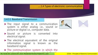 …..1.4 Types of electronic communication
1.4.3.1 Baseband Transmission
 The input signal to a communication
system is either analog i.e., sound or
picture or digital i.e., computer data.
 Sound or picture is converted into
electrical signal.
 The electrical equivalent of the original
information signal is known as the
baseband signal.
 The communication system in which the
baseband signals are transmitted directly 22334 – Principles of Electronic Communication
Ms. Kavita Giri, Lecturer (ET), Govt. Residential Womens Polytechnic, Latur
 