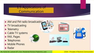 1.5 Applications of
Communication
 AM and FM radio broadcasting
 TV broadcasting
 Telemetry
 Cable TV systems
 FAX, Pager,
 Telephones
 Mobile Phones
 Radar
22334 – Principles of Electronic Communication
Ms. Kavita Giri, Lecturer (ET), Govt. Residential Womens Polytechnic, Latur
 
