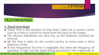 ……1.8 Noise
1.8.3.2 Internal Noise
3. Transit time Noise
 Transit time is the duration of time that it takes for a current carrier
such as a hole or current to move from the input to the output.
 The devices themselves are very tiny, so the distances involved are
minimal.
 Yet the time it takes for the current carriers to move even a short
distance is finite.
 At low frequencies this time is negligible. But when the frequency of
operation is high and the signal being processed is the magnitude as
the transit time, then problem can occur. 22334 – Principles of Electronic Communication
Ms. Kavita Giri, Lecturer (ET), Govt. Residential Womens Polytechnic, Latur
 