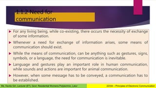  For any living being, while co-existing, there occurs the necessity of exchange
of some information.
 Whenever a need for exchange of information arises, some means of
communication should exist.
 While the means of communication, can be anything such as gestures, signs,
symbols, or a language, the need for communication is inevitable.
 Language and gestures play an important role in human communication,
while sounds and actions are important for animal communication.
 However, when some message has to be conveyed, a communication has to
be established.
1.1.2 Need for
communication
22334 – Principles of Electronic Communication
Ms. Kavita Giri, Lecturer (ET), Govt. Residential Womens Polytechnic, Latur
 