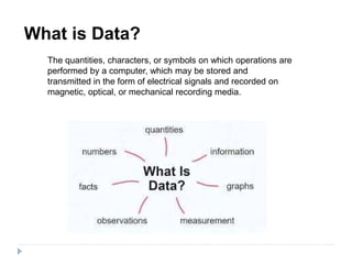 What is Data?
The quantities, characters, or symbols on which operations are
performed by a computer, which may be stored and
transmitted in the form of electrical signals and recorded on
magnetic, optical, or mechanical recording media.
 