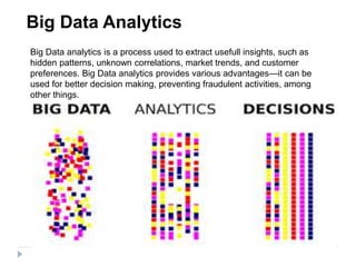 Big Data Analytics
Big Data analytics is a process used to extract usefull insights, such as
hidden patterns, unknown correlations, market trends, and customer
preferences. Big Data analytics provides various advantages—it can be
used for better decision making, preventing fraudulent activities, among
other things.
 