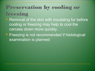 Preservation by cooling or
freezing
   Removal of the skin with insulating fur before
    cooling or freezing may help to cool the
    carcass down more quickly.
   Freezing is not recommended if histological
    examination is planned




                                                 99
 