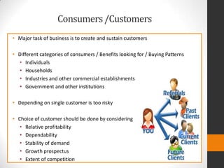 Consumers/Customers
• Major task of business is to create and sustain customers
• Different categories of consumers / Bene...