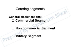 Catering segments
General classifications:-
 Commercial Segment
 Non commercial Segment
 Military Segment
 