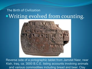 The Birth of Civilization
Writing evolved from counting.
Reverse side of a pictographic tablet from Jamdat Nasr, near
Kish, Iraq, ca. 3000 B.C.E. listing accounts involving animals
and various commodities including bread and beer. Clay
 