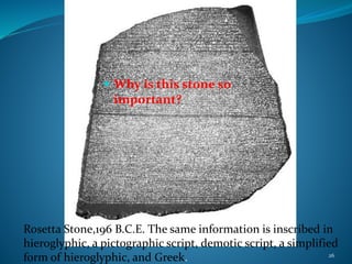 26
Rosetta Stone,196 B.C.E. The same information is inscribed in
hieroglyphic, a pictographic script, demotic script, a simplified
form of hieroglyphic, and Greek.
 Why is this stone so
important?
 