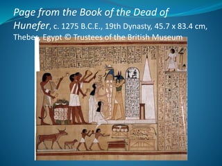 Page from the Book of the Dead of
Hunefer, c. 1275 B.C.E., 19th Dynasty, 45.7 x 83.4 cm,
Thebes, Egypt © Trustees of the British Museum
 