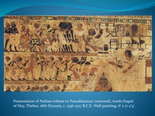 Presentation of Nubian tribute to Tutankhamon (restored), tomb chapel
of Huy, Thebes, 18th Dynasty, c. 1336-1327 B.C.E. Wall painting, 6' x 17 1/4'.
 