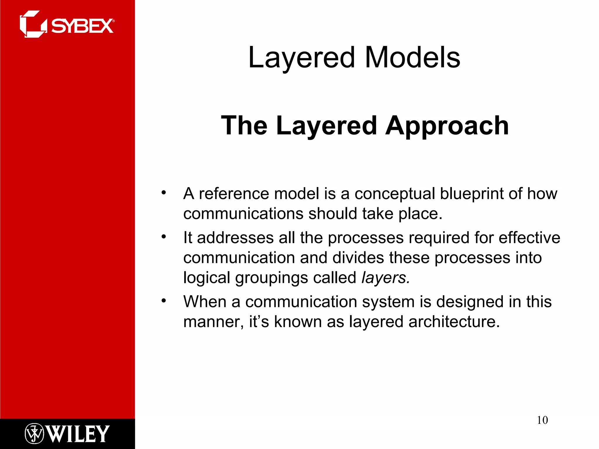 Layered Models The Layered Approach A reference model is a conceptual blueprint of how communications should take place.  It addresses all the processes required for effective communication and divides these processes into logical groupings called  layers.  When a communication system is designed in this manner, it’s known as layered architecture. 