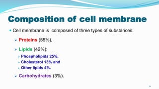 Composition of cell membrane
 Cell membrane is composed of three types of substances:
 Proteins (55%),
 Lipids (42%):
 Phospholipids 25%,
 Cholesterol 13% and
 Other lipids 4%.
 Carbohydrates (3%).
30
 