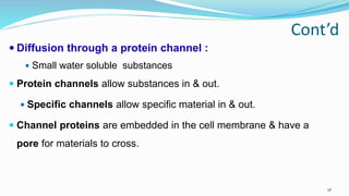 Cont’d
 Diffusion through a protein channel :
 Small water soluble substances
 Protein channels allow substances in & out.
 Specific channels allow specific material in & out.
 Channel proteins are embedded in the cell membrane & have a
pore for materials to cross.
56
 