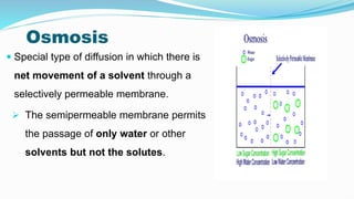 Osmosis
 Special type of diffusion in which there is
net movement of a solvent through a
selectively permeable membrane.
 The semipermeable membrane permits
the passage of only water or other
solvents but not the solutes.
 