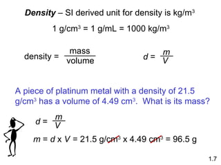 Density – SI derived unit for density is kg/m3
1 g/cm3
= 1 g/mL = 1000 kg/m3
density =
mass
volume d =
m
V
1.7
A piece of platinum metal with a density of 21.5
g/cm3
has a volume of 4.49 cm3
. What is its mass?
d =
m
V
m = d x V = 21.5 g/cm3
x 4.49 cm3
= 96.5 g
 