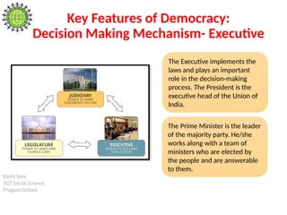 Rashi Soni
TGT Social Science
Pragyan School
Key Features of Democracy:
Decision Making Mechanism- Executive
The Executive implements the
laws and plays an important
role in the decision-making
process. The President is the
executive head of the Union of
India.
The Prime Minister is the leader
of the majority party. He/she
works along with a team of
ministers who are elected by
the people and are answerable
to them.
 