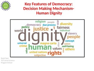Rashi Soni
TGT Social Science
Pragyan School
Key Features of Democracy:
Decision Making Mechanism-
Human Dignity
 