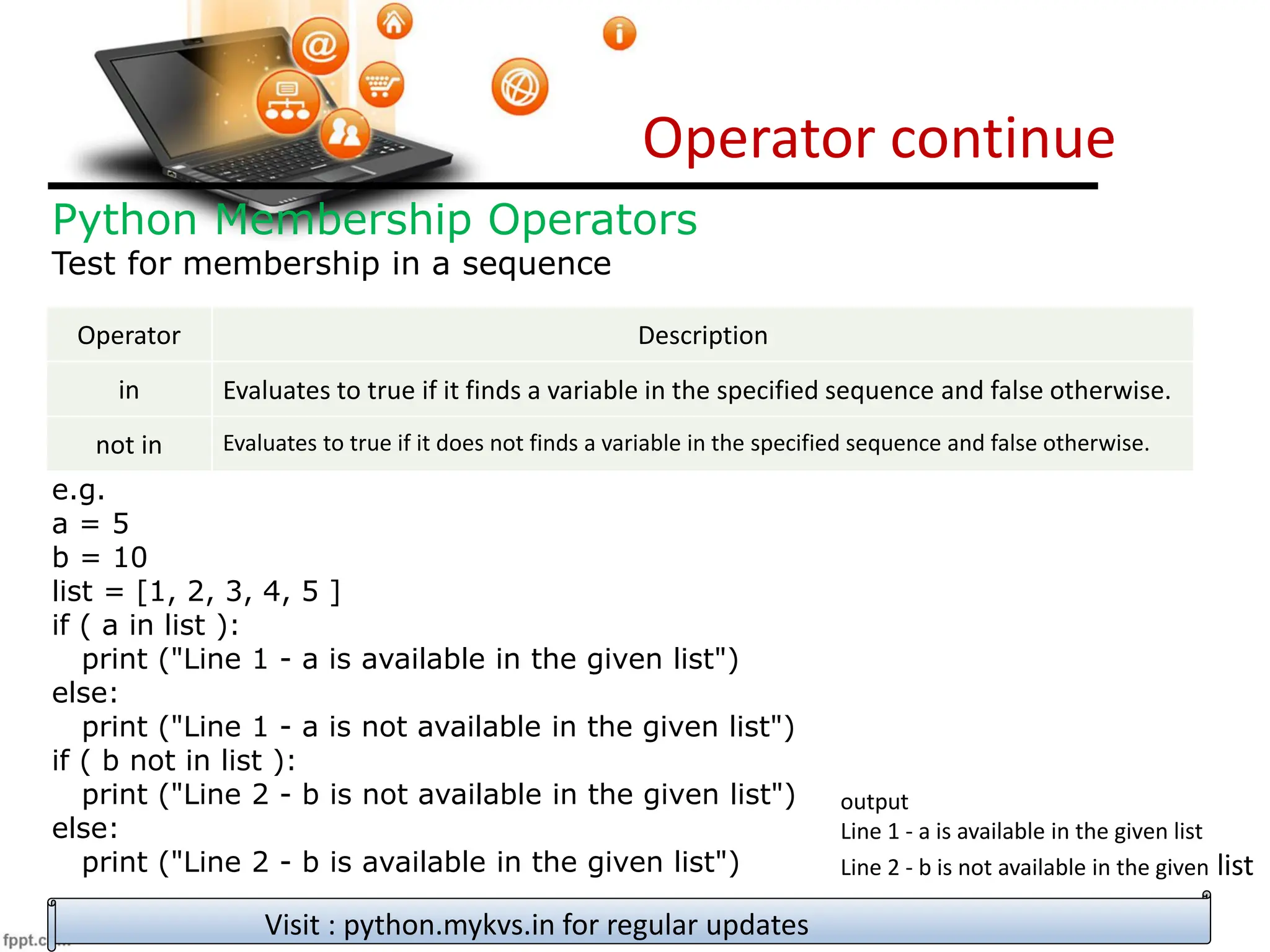 Operator continue
Visit : python.mykvs.in for regular updates
Python Membership Operators
Test for membership in a sequence
e.g.
a = 5
b = 10
list = [1, 2, 3, 4, 5 ]
if ( a in list ):
print ("Line 1 - a is available in the given list")
else:
print ("Line 1 - a is not available in the given list")
if ( b not in list ):
print ("Line 2 - b is not available in the given list")
else:
print ("Line 2 - b is available in the given list")
Operator Description
in Evaluates to true if it finds a variable in the specified sequence and false otherwise.
not in Evaluates to true if it does not finds a variable in the specified sequence and false otherwise.
output
Line 1 - a is available in the given list
Line 2 - b is not available in the given list
 