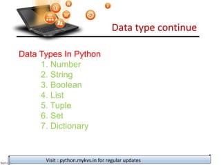 Data type continue
Visit : python.mykvs.in for regular updates
Data Types In Python
1. Number
2. String
3. Boolean
4. List
5. Tuple
6. Set
7. Dictionary
 