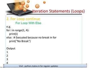Iteration Statements (Loops)
2. For Loop continue
For Loop With Else
e.g.
for i in range(1, 4):
print(i)
else: # Executed because no break in for
print("No Break")
Output
1
2
3
4
No Break Visit : python.mykvs.in for regular updates
 