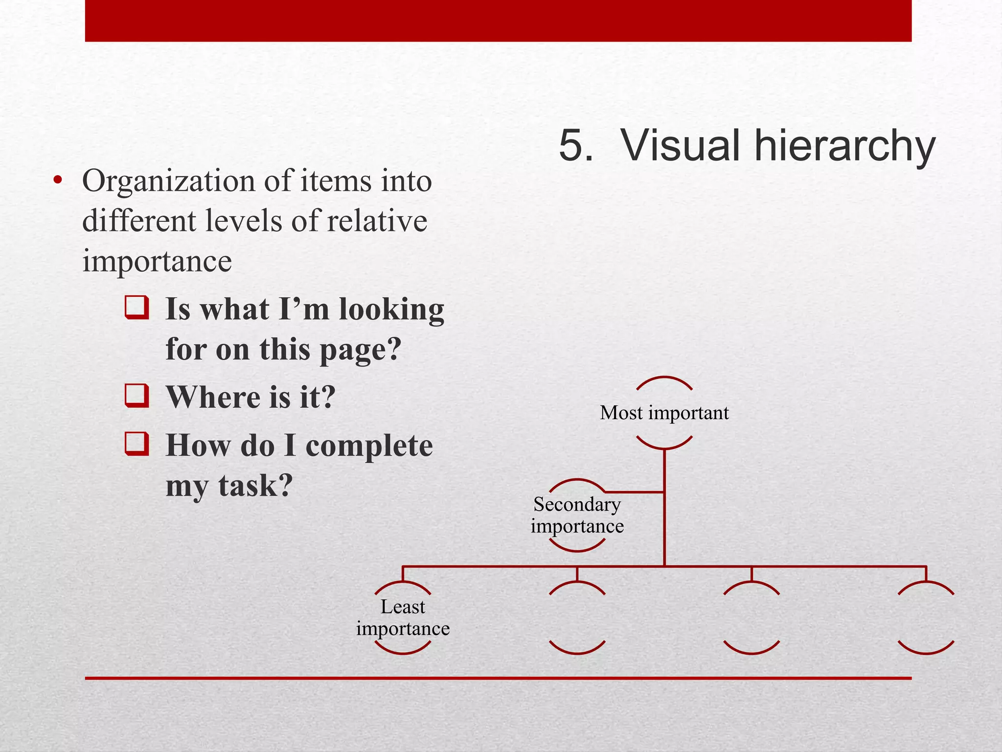 5. Visual hierarchy
• Organization of items into
different levels of relative
importance
 Is what I’m looking
for on this page?
 Where is it?
 How do I complete
my task?
Most important
Least
importance
Secondary
importance
 