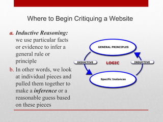 Where to Begin Critiquing a Website
a. Inductive Reasoning:
we use particular facts
or evidence to infer a
general rule or
principle
b. In other words, we look
at individual pieces and
pulled them together to
make a inference or a
reasonable guess based
on these pieces
 