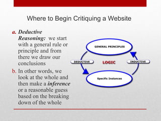 Where to Begin Critiquing a Website
a. Deductive
Reasoning: we start
with a general rule or
principle and from
there we draw our
conclusions
b. In other words, we
look at the whole and
then make a inference
or a reasonable guess
based on the breaking
down of the whole
 