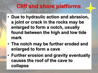 Cliff and shore platforms
• Due to hydraulic action and abrasion,
a joint or crack in the rocks may be
enlarged to form a notch, usually
found between the high and low tide
mark
• The notch may be further eroded and
enlarged to form a cave
• Further erosion and gravity eventually
causes the roof of the cave to
collapse
 