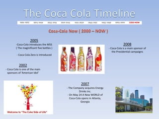 2005

2008

-Coca-Cola introduces the M5S
( The maginificant five bottles )

- Coca-Cola is a main sponsor of
the Presidential campaigns

- Coca-Cola Zero is introduced

2002
- Coca Cola is one of the main
sponsors of ‘American Idol’

2007
- The Company acquires Energy
Drinks inc.
- On May 24 A New WORLD of
Coca-Cola opens in Atlanta,
Georgia

 