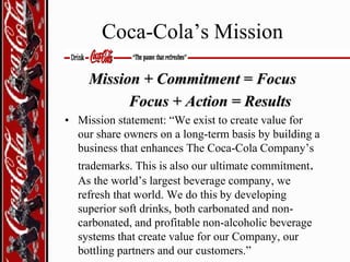 Coca-Cola’s Mission
Mission + Commitment = Focus
Focus + Action = Results
• Mission statement: “We exist to create value for
our share owners on a long-term basis by building a
business that enhances The Coca-Cola Company’s
trademarks. This is also our ultimate commitment.
As the world’s largest beverage company, we
refresh that world. We do this by developing
superior soft drinks, both carbonated and noncarbonated, and profitable non-alcoholic beverage
systems that create value for our Company, our
bottling partners and our customers.”

 