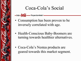 Coca-Cola’s Social
• Consumption has been proven to be
inversely correlated with age.
• Health-Conscious Baby-Boomers are
turning towards healthier alternatives.
• Coca-Cola’s Nestea products are
geared towards this market segment.

 