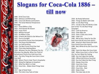 1886 - Drink Coca-Cola
1904 - Delicious and Refreshing
1905 - Coca-Cola Revives and Sustains
1906 - The Great National Temperance
Beverage
1917 - Three Million a Day
1922 - Thirst Knows No Season
1923 - Enjoy Thirst
1924 - Refresh Yourself
1925 - Six Million a Day
1926 - It Had to Be Good to Get Where It Is
1927 - Pure as Sunlight
1927 - Around the Corner from Everywhere
1929 - The Pause that Refreshes
1932 - Ice Cold Sunshine
1938 - The Best Friend Thirst Ever Had
1939 - Thirst Asks Nothing More
1939 - Whoever You Are, Whatever You Do,
Wherever You May Be, When You Think of
Refreshment Think of Ice Cold Coca-Cola
1942 - The Only Thing Like Coca-Cola is CocaCola Itself
1948 - Where There's Coke There's Hospitality
1949 - Along the Highway to Anywhere
1952 - What You Want is a Coke
1956 - Coca-Cola... Makes Good Things Taste
Better
1957 - Sign of Good Taste
1958 - The Cold, Crisp Taste of Coke

1959 - Be Really Refreshed
1963 - Things Go Better with Coke
1969 - It's the Real Thing
1971 - I'd Like to Buy the World a Coke
(part of the "It's the Real Thing"
campaign)
1975 - Look Up America
1976 - Coke Adds Life
1979 - Have a Coke and a Smile
1982 - Coke Is It!
1985 - We've Got a Taste for You (for
both Coca-Cola & Coca-Cola classic)
1985 - America's Real Choice (for both
Coca-Cola & Coca-Cola classic)
1986 - Red, White & You (for Coca-Cola
classic)
1986 - Catch the Wave (for Coca-Cola)
1987 - When Coca-Cola is a Part of Your
Life, You Can't Beat the Feeling
1988 - You Can't Beat the Feeling
1989 - Official Soft Drink of Summer
1990 - You Can't Beat the Real Thing
1993 - Always Coca-Cola
2000 - Coca-Cola. Enjoy
2001 - Life Tastes Good
2003 - Coca-Cola... Real
2005 - Make It Real
2006 - The Coke Side of Life

 