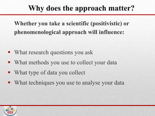 Why does the approach matter?
  Whether you take a scientific (positivistic) or
  phenomenological approach will influence:


 What research questions you ask
 What methods you use to collect your data
 What type of data you collect
 What techniques you use to analyse your data
 