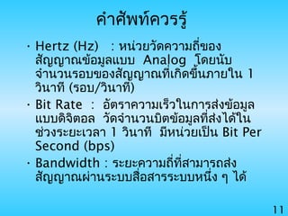 11
คำาศัพท์ควรรู้
• Hertz (Hz) : หน่วยวัดความถี่ของ
สัญญาณข้อมูลแบบ Analog โดยนับ
จำานวนรอบของสัญญาณที่เกิดขึ้นภายใน 1
วินาที (รอบ/วินาที)
• Bit Rate : อัตราความเร็วในการส่งข้อมูล
แบบดิจิตอล วัดจำานวนบิตข้อมูลที่ส่งได้ใน
ช่วงระยะเวลา 1 วินาที มีหน่วยเป็น Bit Per
Second (bps)
• Bandwidth : ระยะความถี่ที่สามารถส่ง
สัญญาณผ่านระบบสื่อสารระบบหนึ่ง ๆ ได้
 