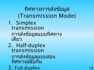 18
ทิศทางการส่งข้อมูล
(Transmission Mode)
1. Simplex
transmission
การส่งข้อมูลแบบทิศทาง
เดียว
2. Half-duplex
transmission
การส่งข้อมูลแบบสอง
ทิศทางสลับกัน
3. Full-duplex
 