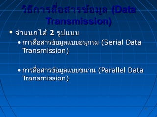2323
วิธีการสื่อสารข้อมูลวิธีการสื่อสารข้อมูล (Data(Data
Transmission)Transmission)
 จำาแนกได้จำาแนกได้ 22 รูปแบบรูปแบบ
• การสื่อสารข้อมูลแบบอนุกรมการสื่อสารข้อมูลแบบอนุกรม (Serial Data(Serial Data
Transmission)Transmission)
• การสื่อสารข้อมูลแบบขนานการสื่อสารข้อมูลแบบขนาน (Parallel Data(Parallel Data
Transmission)Transmission)
 