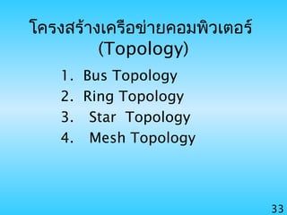 33
โครงสร้างเครือข่ายคอมพิวเตอร์
(Topology)
1. Bus Topology
2. Ring Topology
3. Star Topology
4. Mesh Topology
 