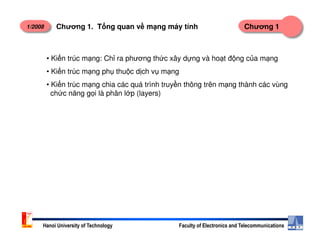 1/2008 Chương 1Chương 1. T ng quan v m ng máy tính
• Ki n trúc m ng: Ch ra phương th c xây d ng và ho t đ ng c a m ng
• Ki n trúc m ng ph thu c d ch v m ng
• Ki n trúc m ng chia các quá trình truy n thông trên m ng thành các vùng
ch c năng g i là phân l p (layers)
Hanoi University of Technology Faculty of Electronics and Telecommunications
 